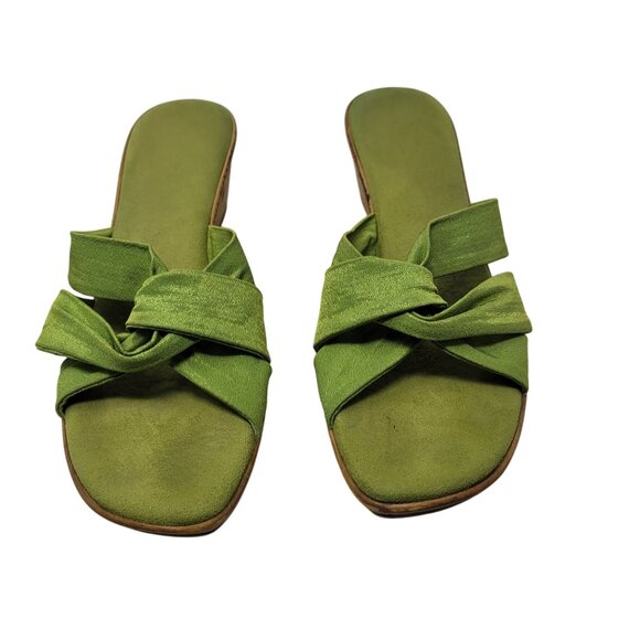 Vtg Handmade Italian Lime Green Vegan Wedge Sandals Sz 10 Knotted Open Toe Resor - Picture 4 of 10